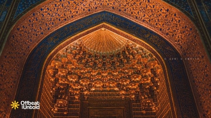 Artwork inside Gur-e-Amir Mausoleum at Samarkand Uzbekistan