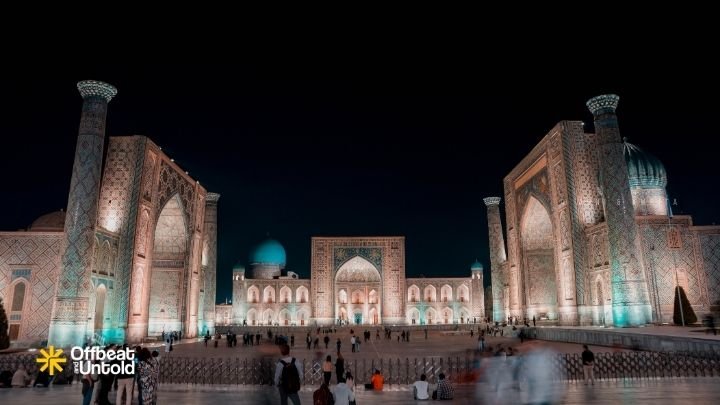 Registan Square at night in Samarkand Uzbekistan