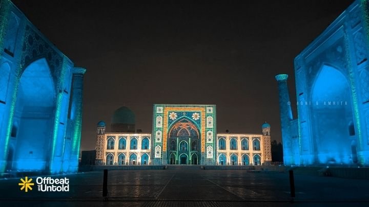 Registan Square in Samarkand Uzbekistan at night